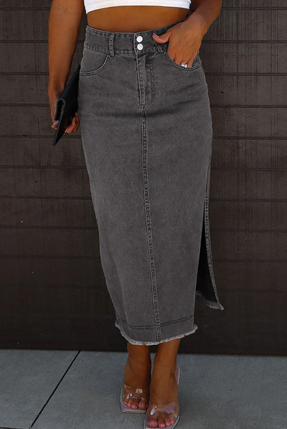 Black Raw Edge Side Slits Buttoned Midi Denim Skirt - L & M Kee, LLC