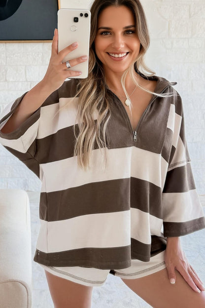 Brown Striped Color Block Zip Collar 3/4 Sleeve Oversize Sweatshirt