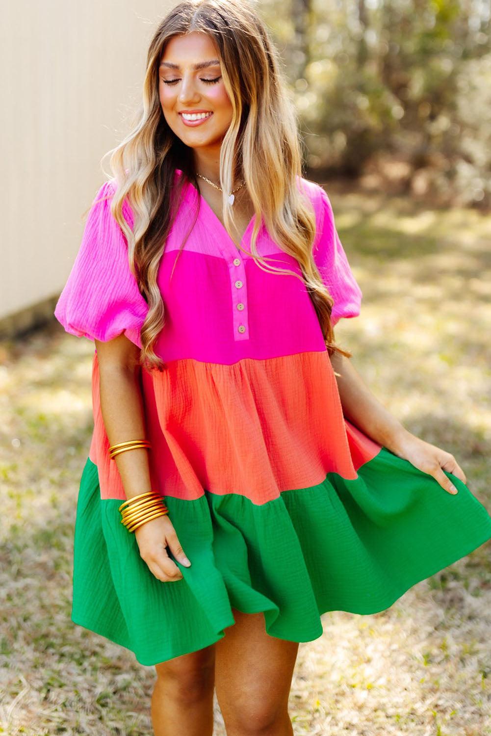 Multicolor Color Block Tiered Puff Sleeve Dress - L & M Kee, LLC