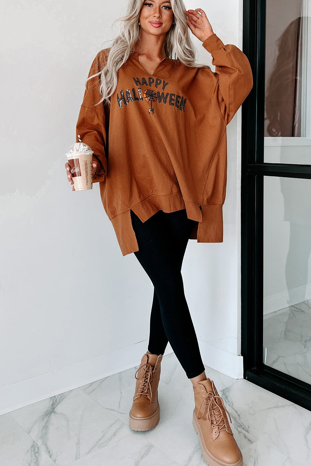 Chestnut Sequin Happy Halloween Graphic Notched Neck Long Sleeve Loose Top