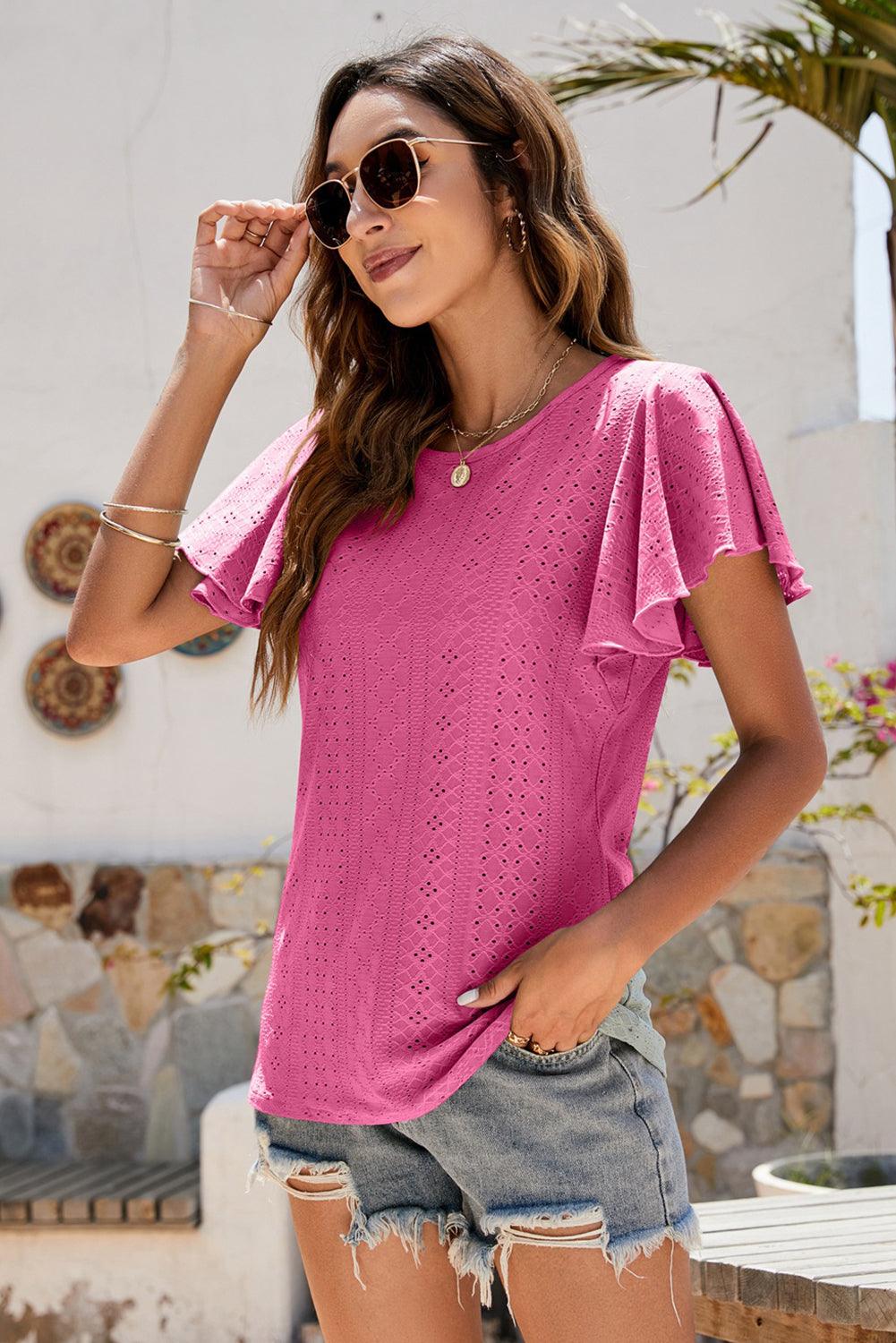 Rose Flutter Sleeve Eyelet Textured Top - L & M Kee, LLC