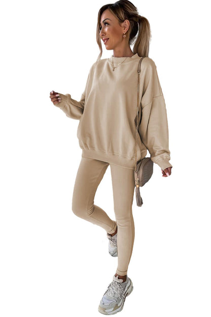 Beige Solid Sweatshirt and Leggings Two Piece Set - L & M Kee, LLC