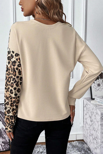 Pale Khaki Leopard Colorblock Waffle Knit Top - L & M Kee, LLC