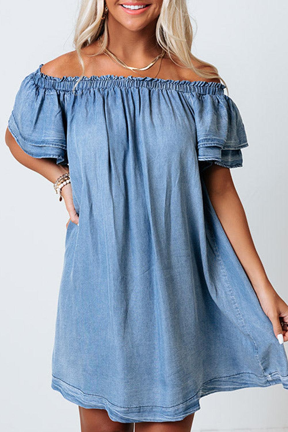 Off-shoulder Ruffle Sleeves Chambray Dress - L & M Kee, LLC