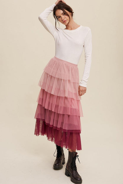 Pink Gradient Ruffle Tiered Mesh Maxi Skirt - L & M Kee, LLC