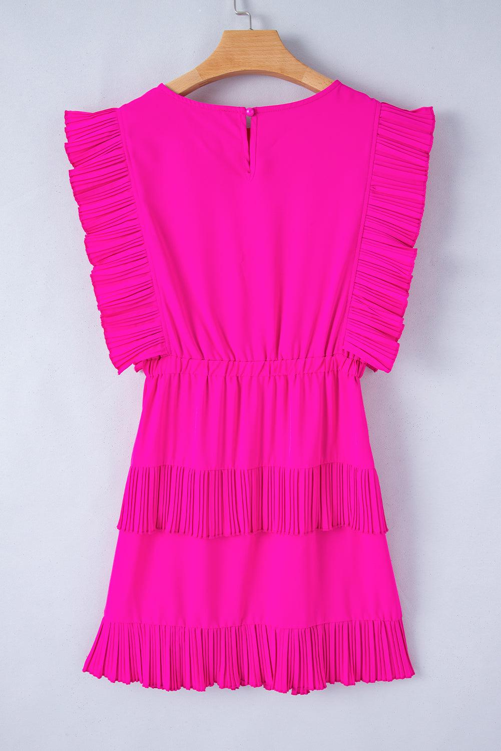 Bright Pink Solid Color Pleated Layered Flutter Mini Dress - L & M Kee, LLC