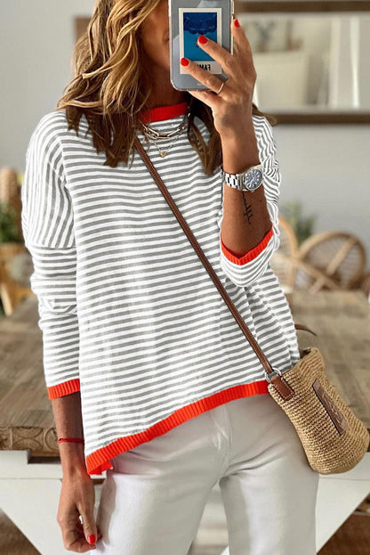 Gray Contrast Trimmed Striped Drop Shoulder Sweater - L & M Kee, LLC