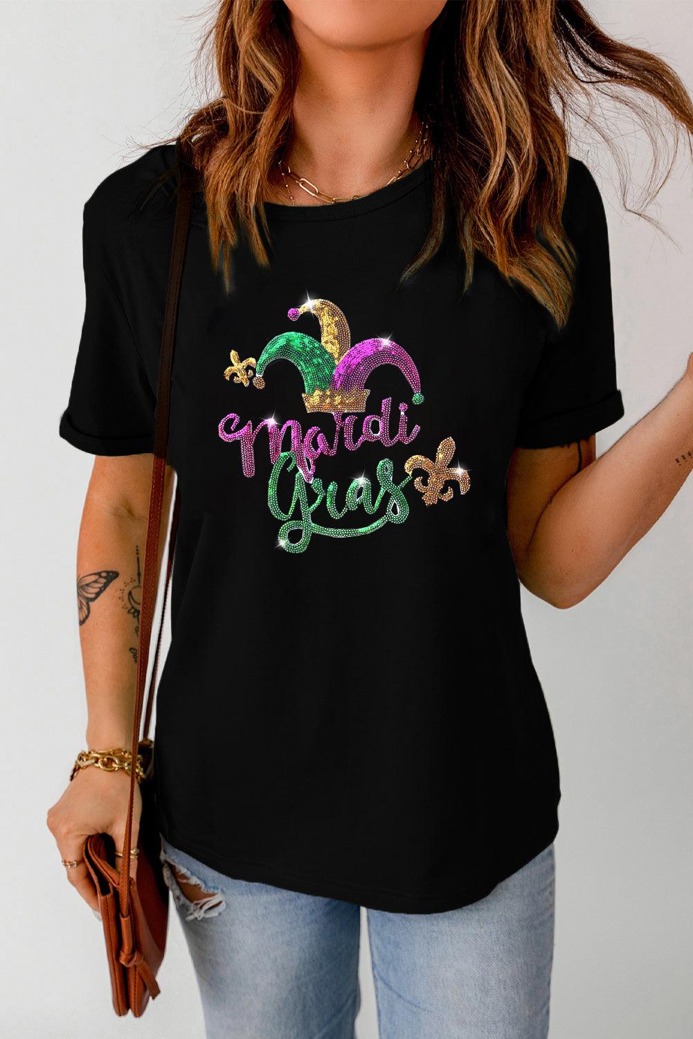 Black Mardi Gras Sequin Pattern Crew Neck T Shirt - L & M Kee, LLC