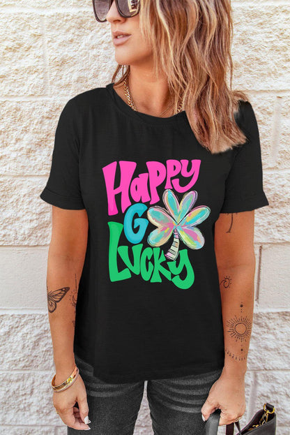 Black Happy GO Lucky Clover Print Crew Neck T Shirt - L & M Kee, LLC