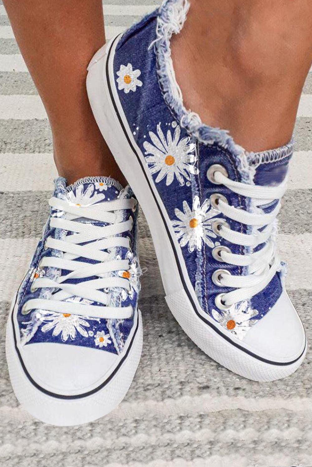 Sky Blue Frayed Denim Daisy Print Lace-up Shoes - L & M Kee, LLC