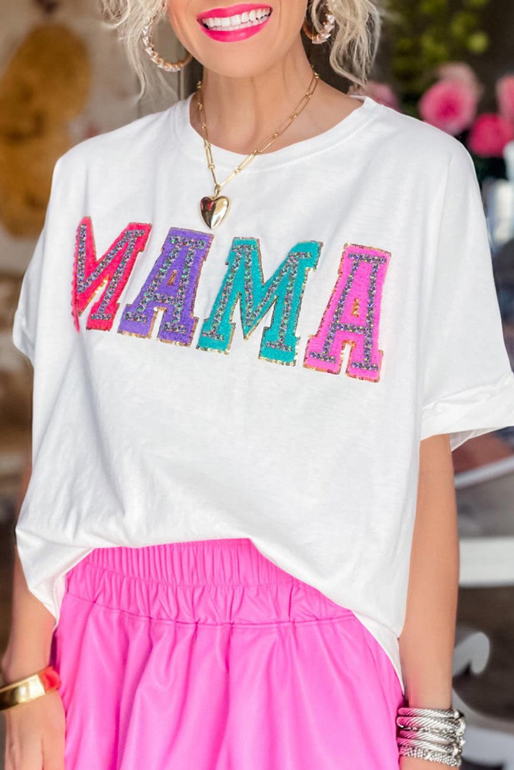 White MAMA Chenille Patched Crew Neck T Shirt - L & M Kee, LLC