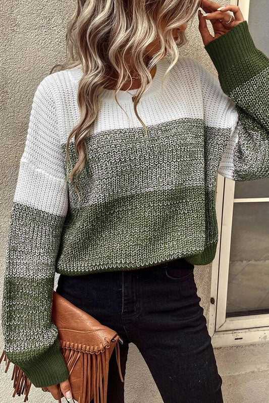 Pickle Green Color Block Drop Shoulder Ribbed Trim Sweater - L & M Kee, LLC