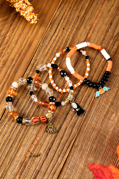 Orange Halloween Pumpkin Ghost Pendant Layered Beaded Bracelet Set