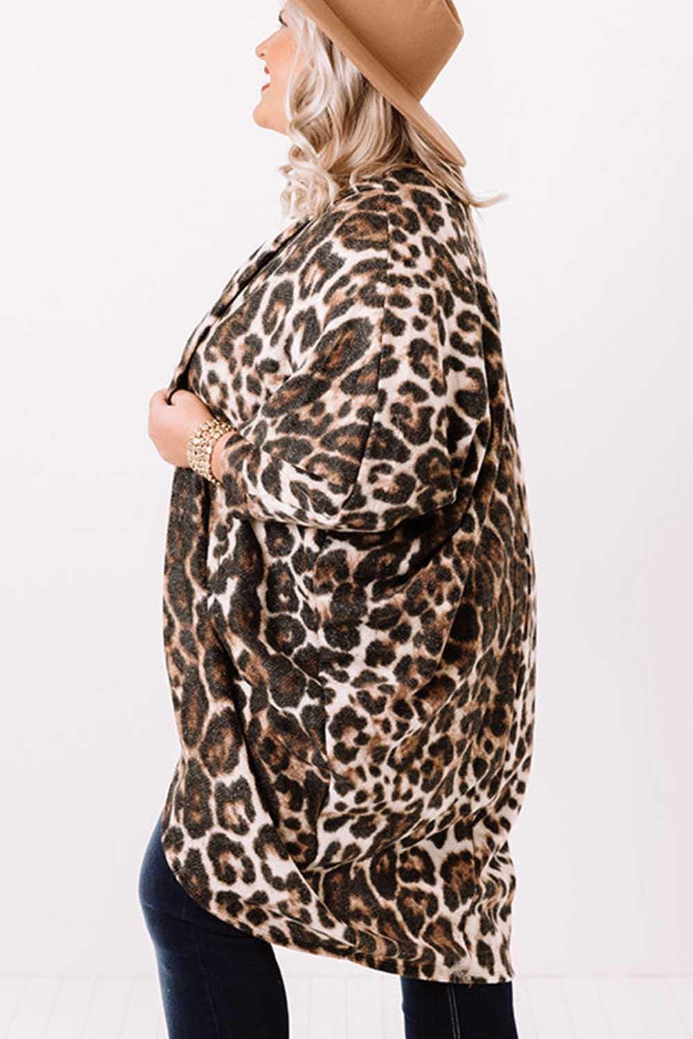 Leopard Plus Size Draped Open Front Cardigan - L & M Kee, LLC