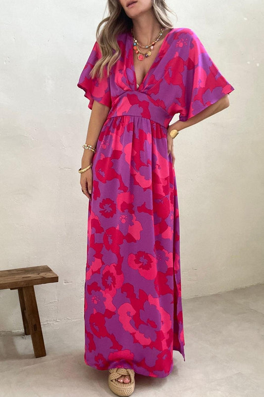 Abstract Floral Print V Neck Dolman Maxi Dress - L & M Kee, LLC