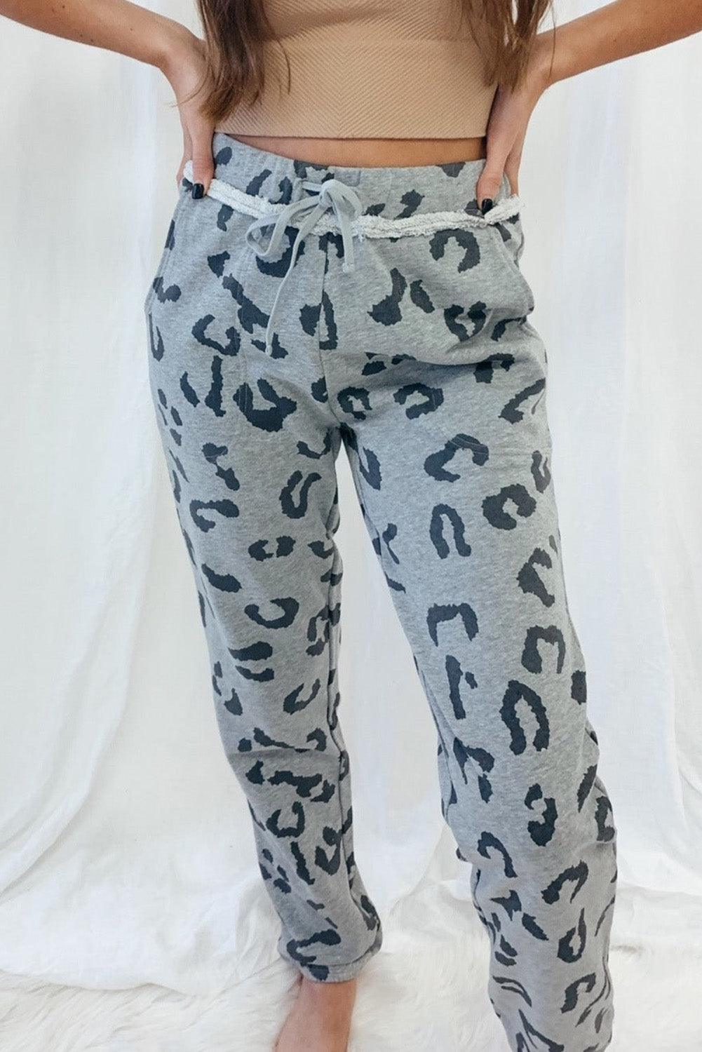 Gray Leopard Print Drawstring High Waist Jogger Pants - L & M Kee, LLC