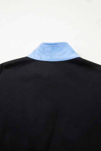 Black Color Block Patchwork Half Button Pullover and Shorts 2pcs Outfit