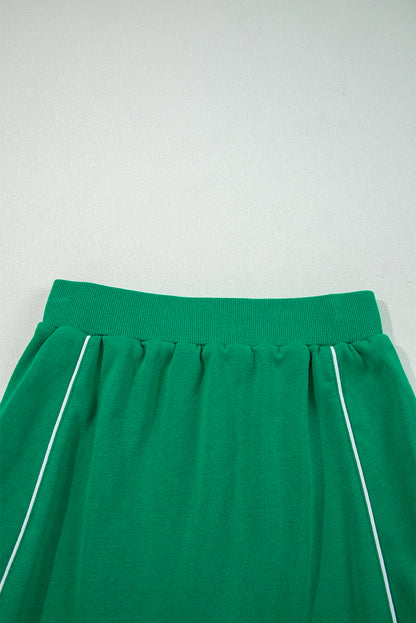 Dark Green Contrast Piping Crewneck Pullover Mini Skirt Set