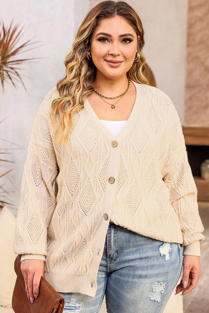 Apricot Plus Size Knitted Hollow out Button up Cardigan - L & M Kee, LLC