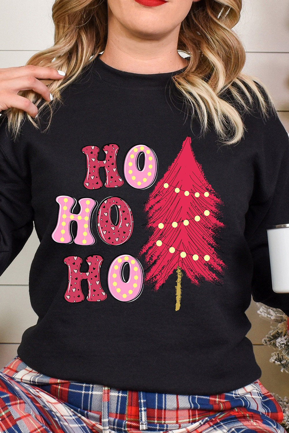 Black HO HO HO Christmas Tree Graphic Pullover Sweatshirt