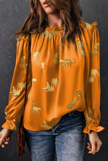 Orange Cheetah Printed Ruffled Sleeve Blouse - L & M Kee, LLC