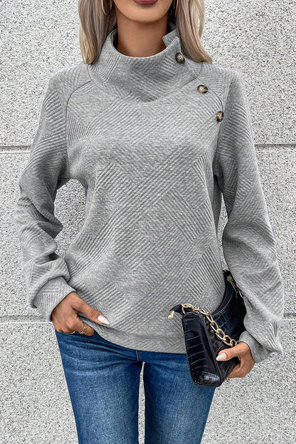 Gray Asymmetric Buttons Detail High Neck Textured Sweatshirt - L & M Kee, LLC