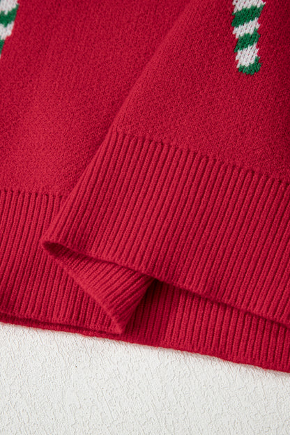 Racing Red Christmas Candy Cane Holiday Drop Shoulder Sweater