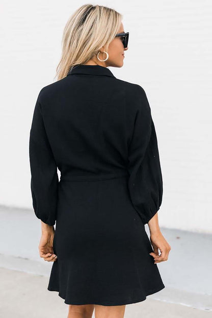 Black Plus Size Textured Drawstring Button up Shirt Dress - L & M Kee, LLC