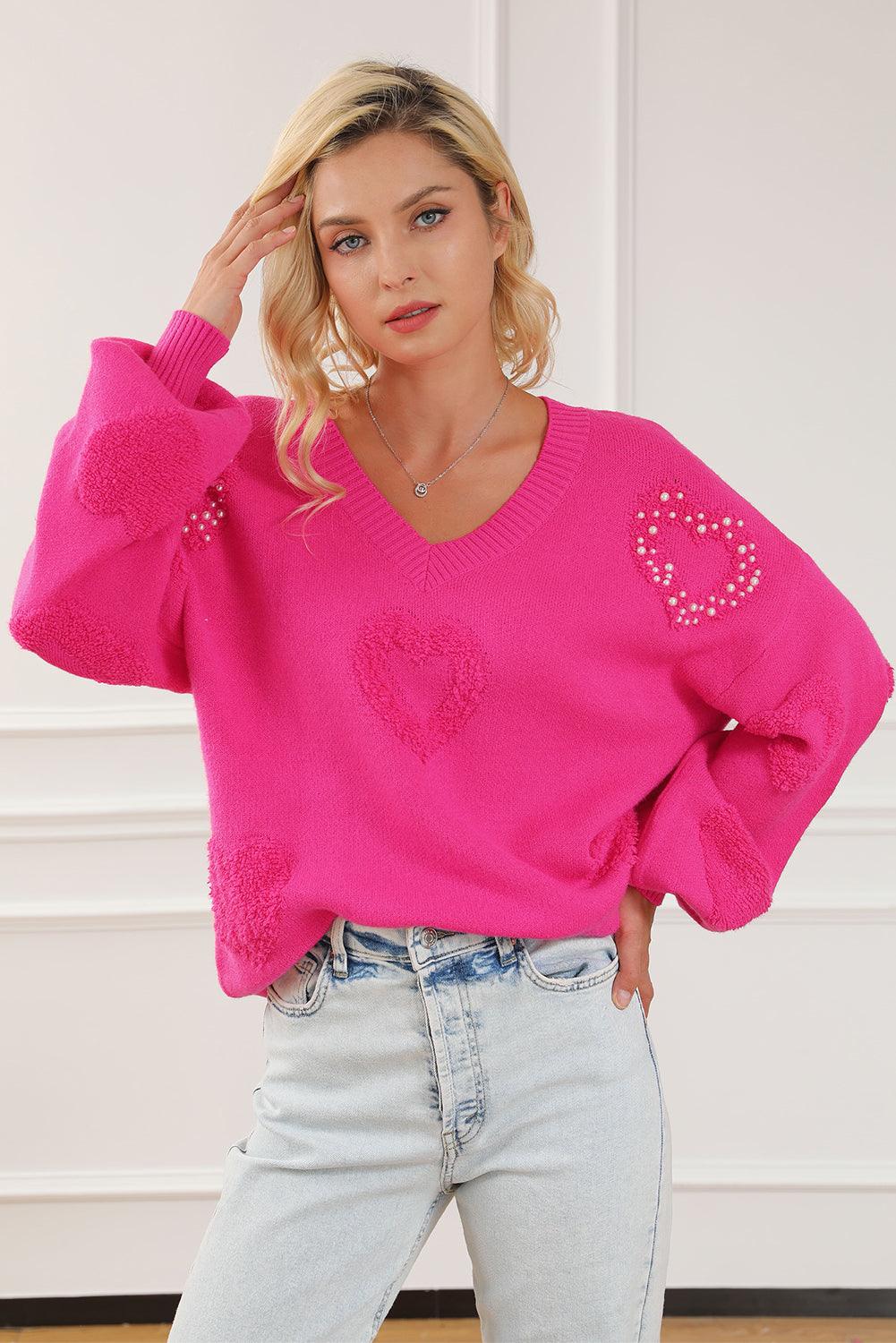 Rose Red Pearl Embellished Fuzzy Hearts V Neck Sweater - L & M Kee, LLC