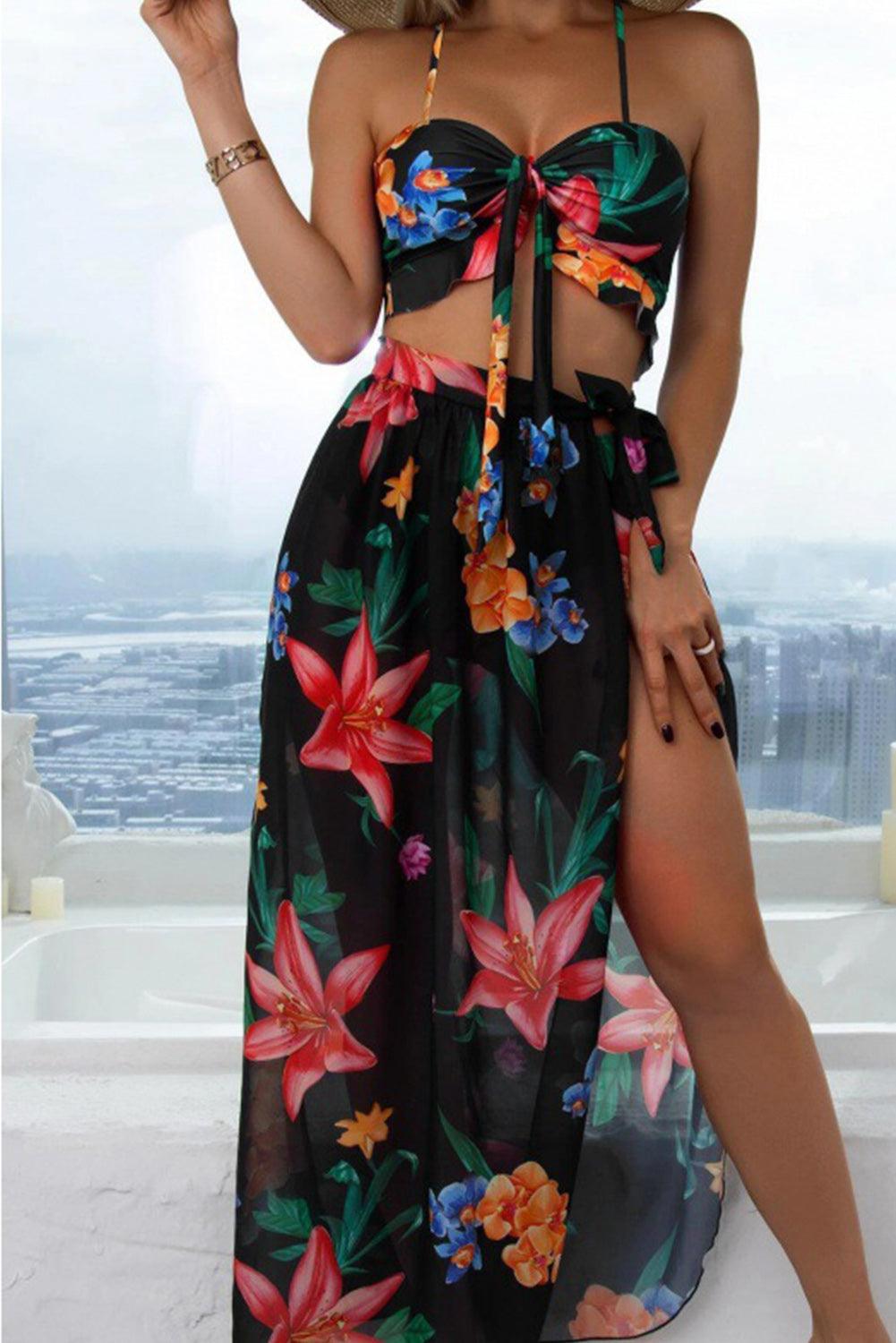 Black 3pcs Floral Twist Front Bikini with Cover-up Swimsuit - L & M Kee, LLC