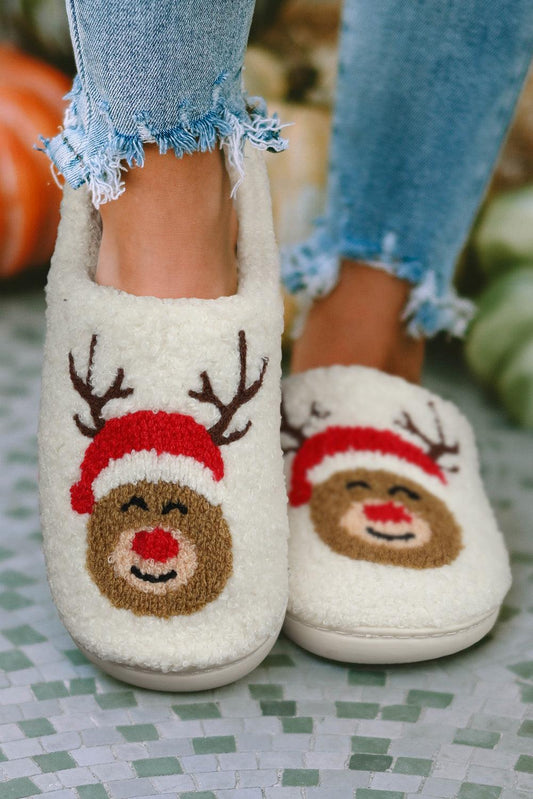 White Christmas Deer Home Indoor Plush Slippers - L & M Kee, LLC