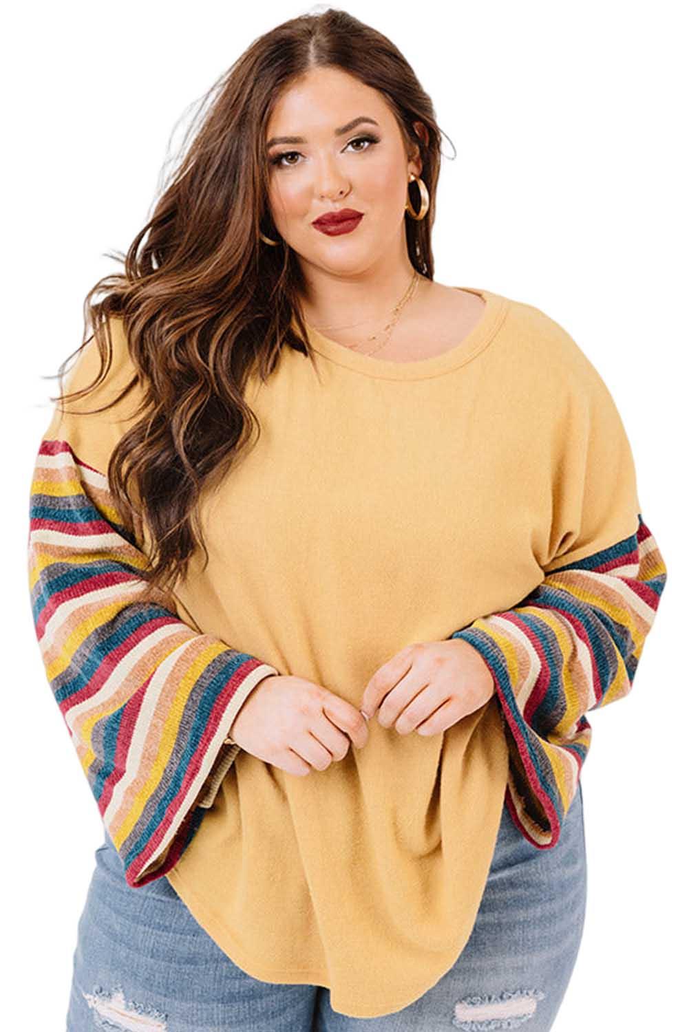 Yellow Serape Striped Bell Sleeve Plus Size Top - L & M Kee, LLC