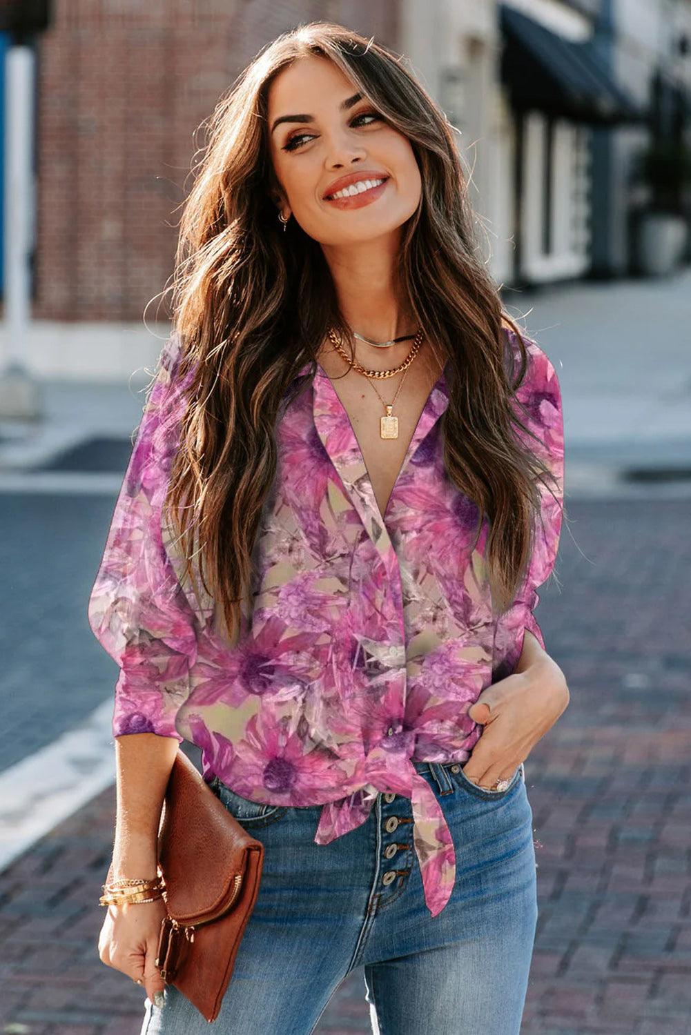 Floral Print Button Up Puff Sleeve Shirt - L & M Kee, LLC