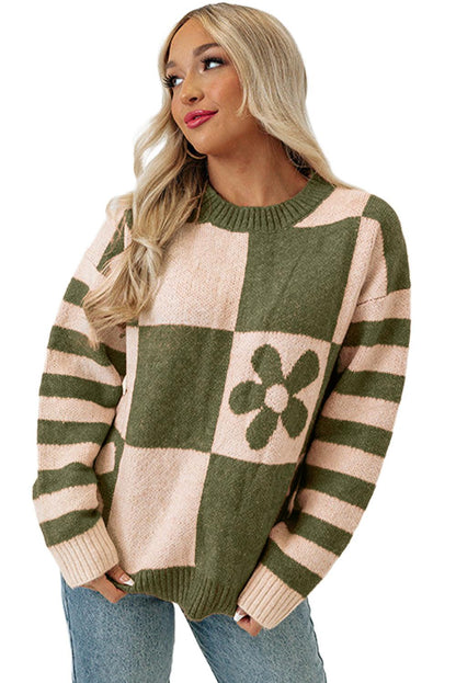 Brown Checkered Floral Print Striped Sleeve Sweater - L & M Kee, LLC