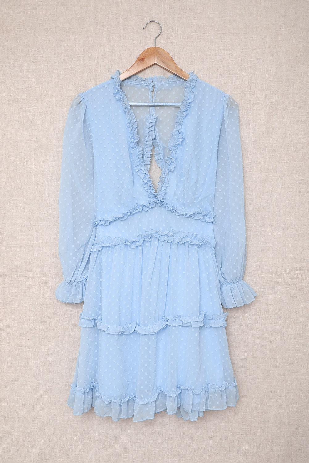 Sky Blue Layered Ruffled Open Back Puff Sleeve Swiss Dot Mini Dress - L & M Kee, LLC