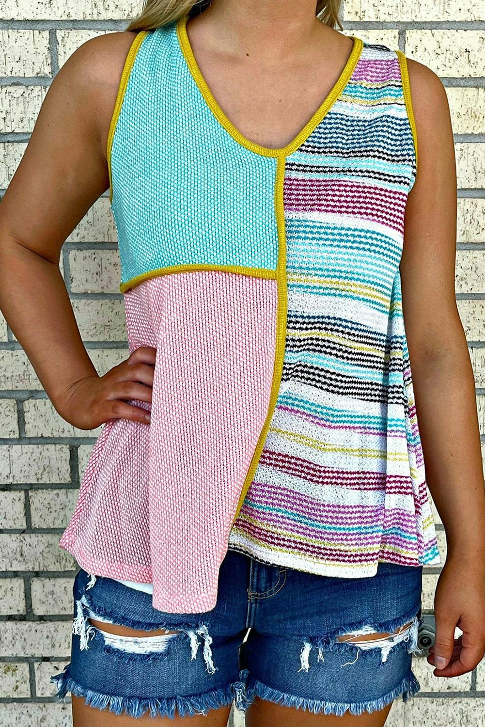 Multicolor Contrast Trim Color Block V Neck Tank Top - L & M Kee, LLC