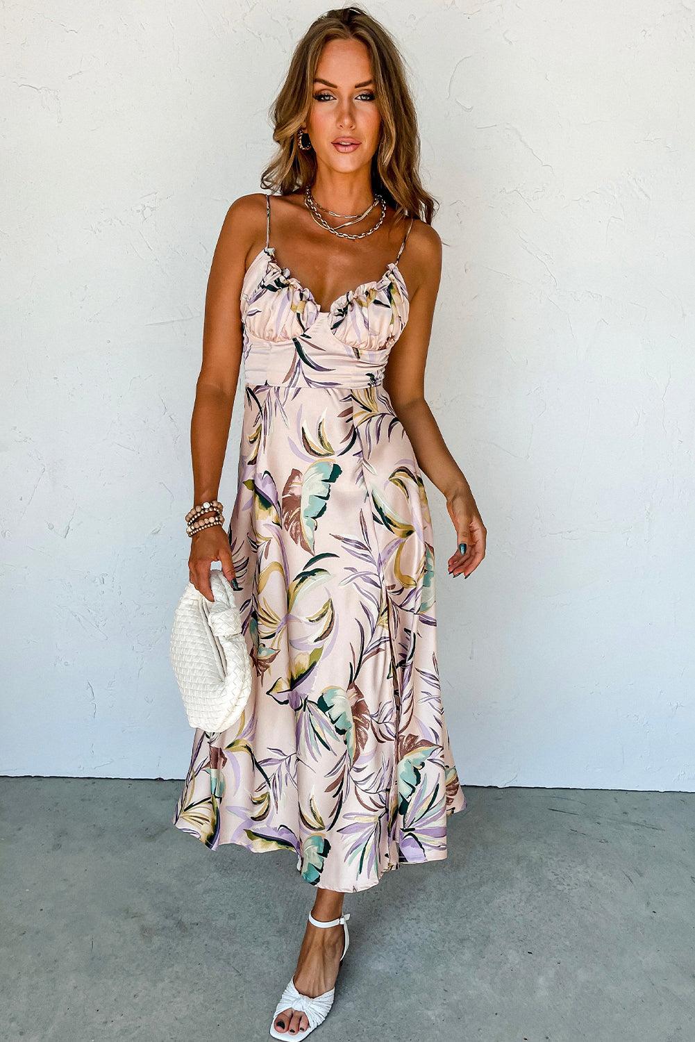 Apricot Tropical Print Spaghetti Straps Cupped Dress - L & M Kee, LLC