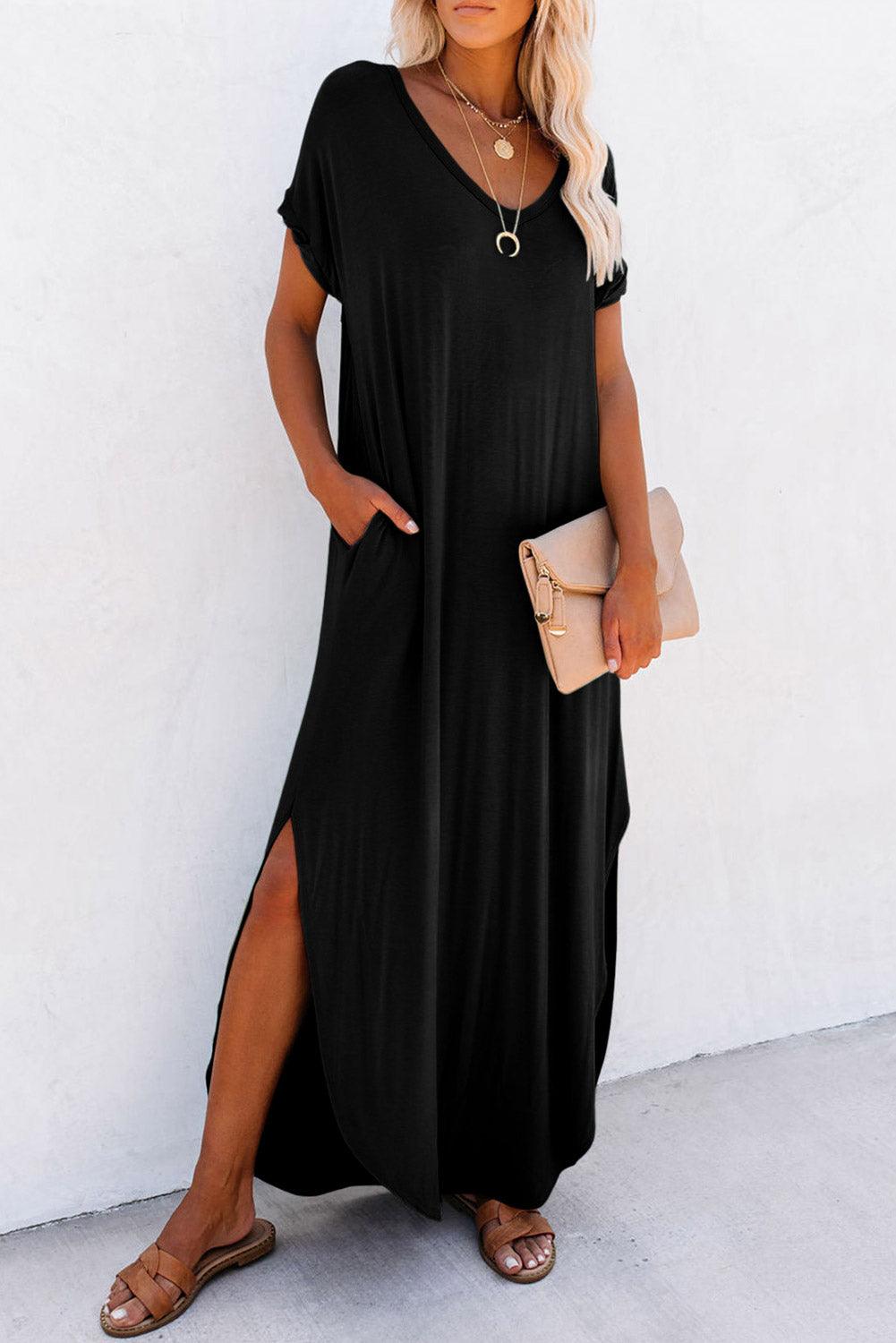 Black V Neck Hidden Pocket Splits Maxi T-shirt Dress - L & M Kee, LLC