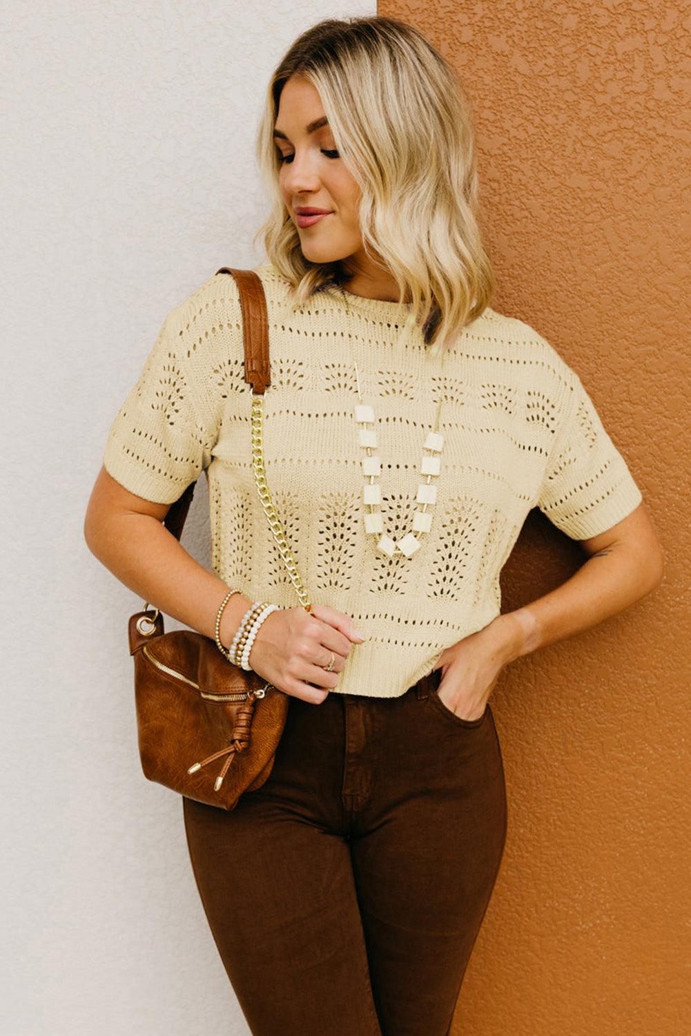 Beige Knitted Hollow out Short Sleeve Crop Sweater - L & M Kee, LLC