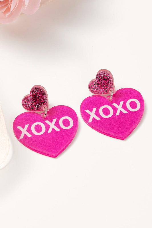 Rose Red Valentine XOXO Print Double Heart Shape Earrings - L & M Kee, LLC