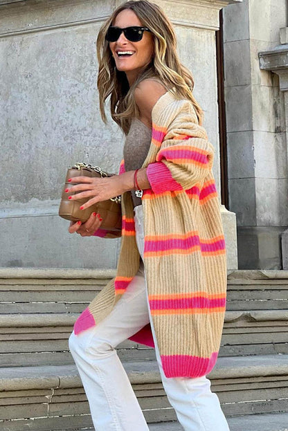 Stripe Printed Ribbed Long Knitted Cardigan - L & M Kee, LLC