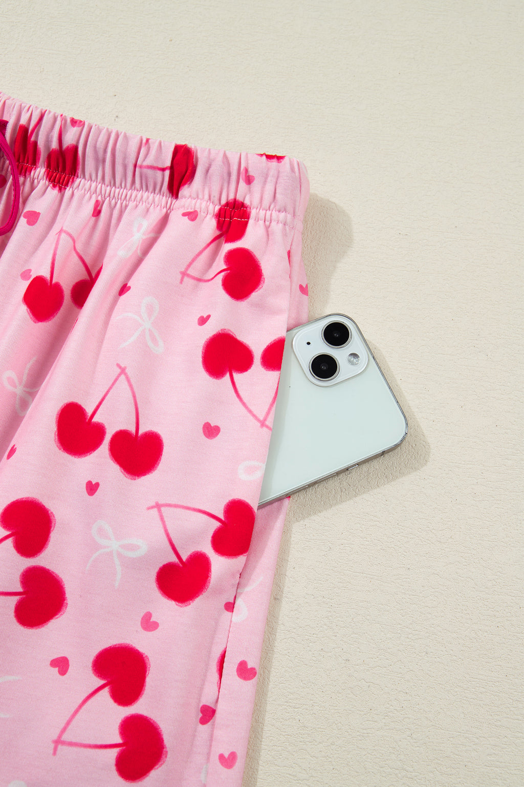 Rose Cherry Bow Mixed Print Scalloped Edge Short Pajama Set