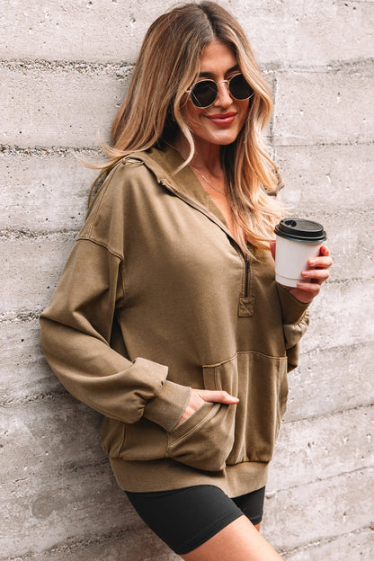 Black Half Zip Kangaroo Pocket Mineral Wash Baggy Hoodie