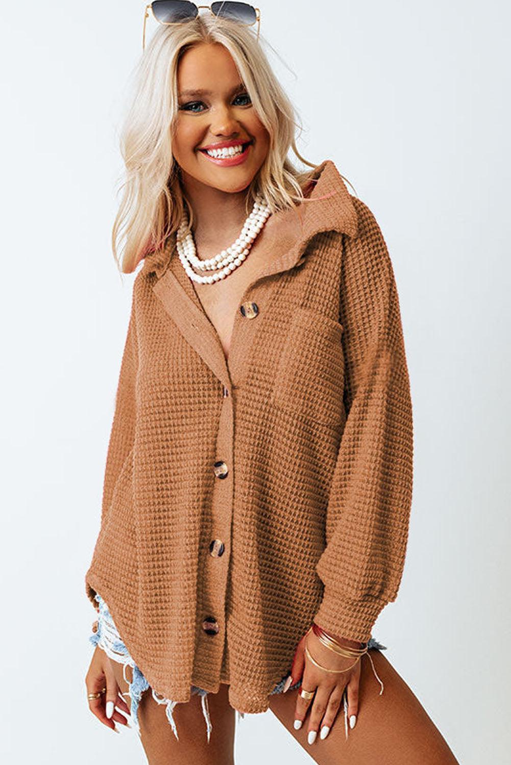 Brown Waffle Knit Button Up Casual Shirt - L & M Kee, LLC