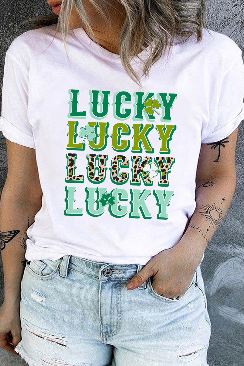 White Plus Multi LUCKY Graphic St. Patricks Clover T-shirt - L & M Kee, LLC