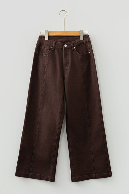 Red Sandalwood Solid Color Seamed Center Wide Leg Cropped Jeans