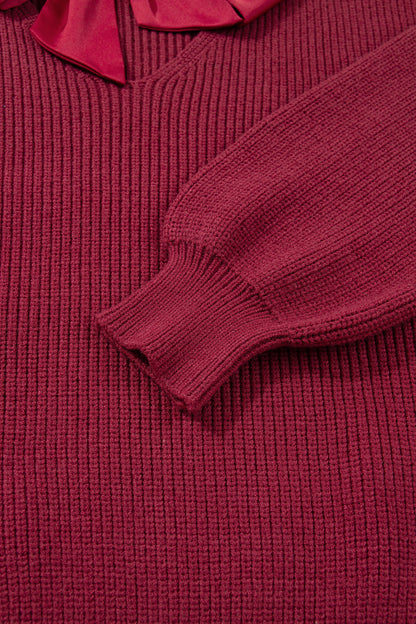 Red Dahlia Ribbed Knit Ribbon Knot Backless Drop Shoulder Sweater