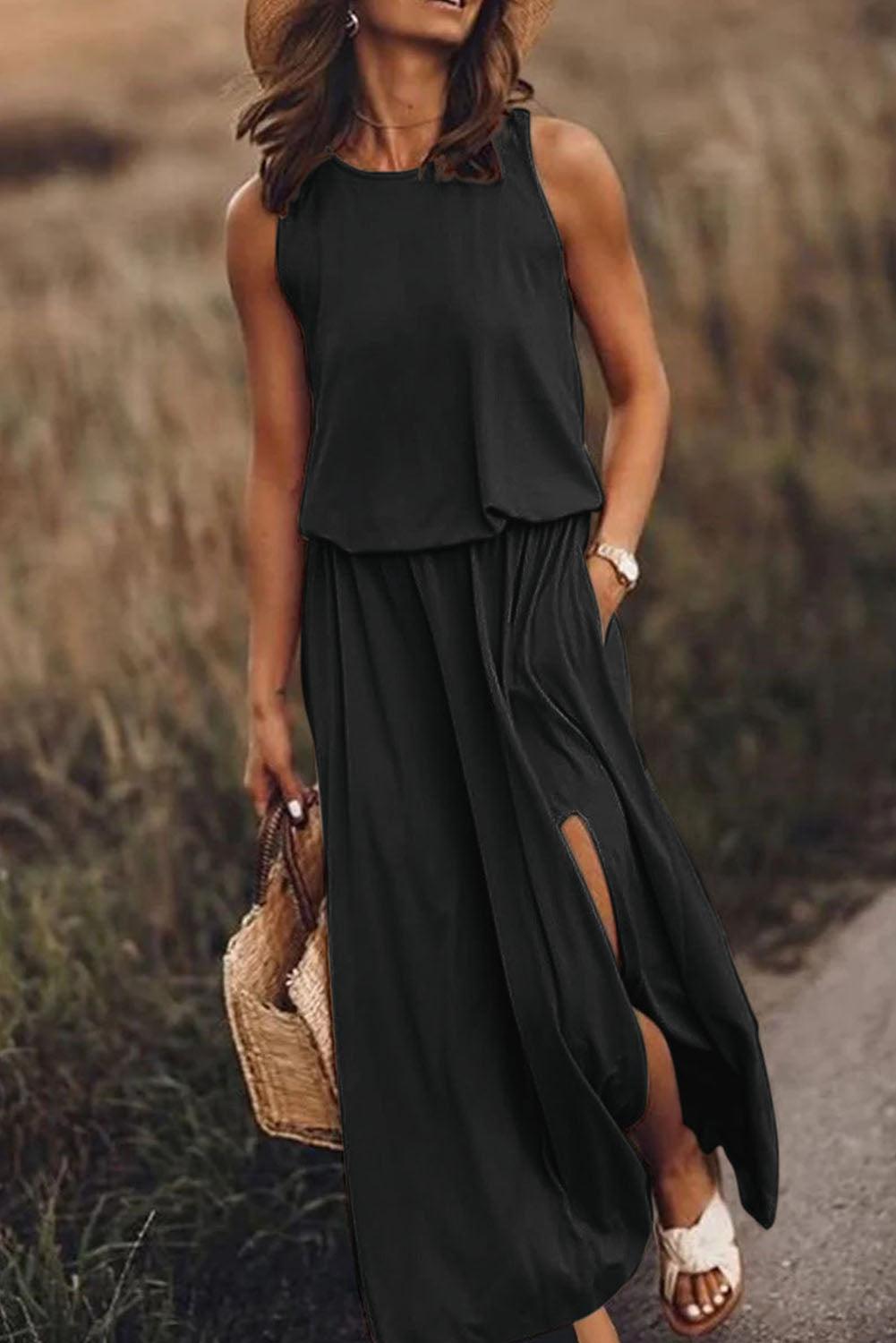 Black Solid Sleeveless Tunic Maxi Dress with Split - L & M Kee, LLC