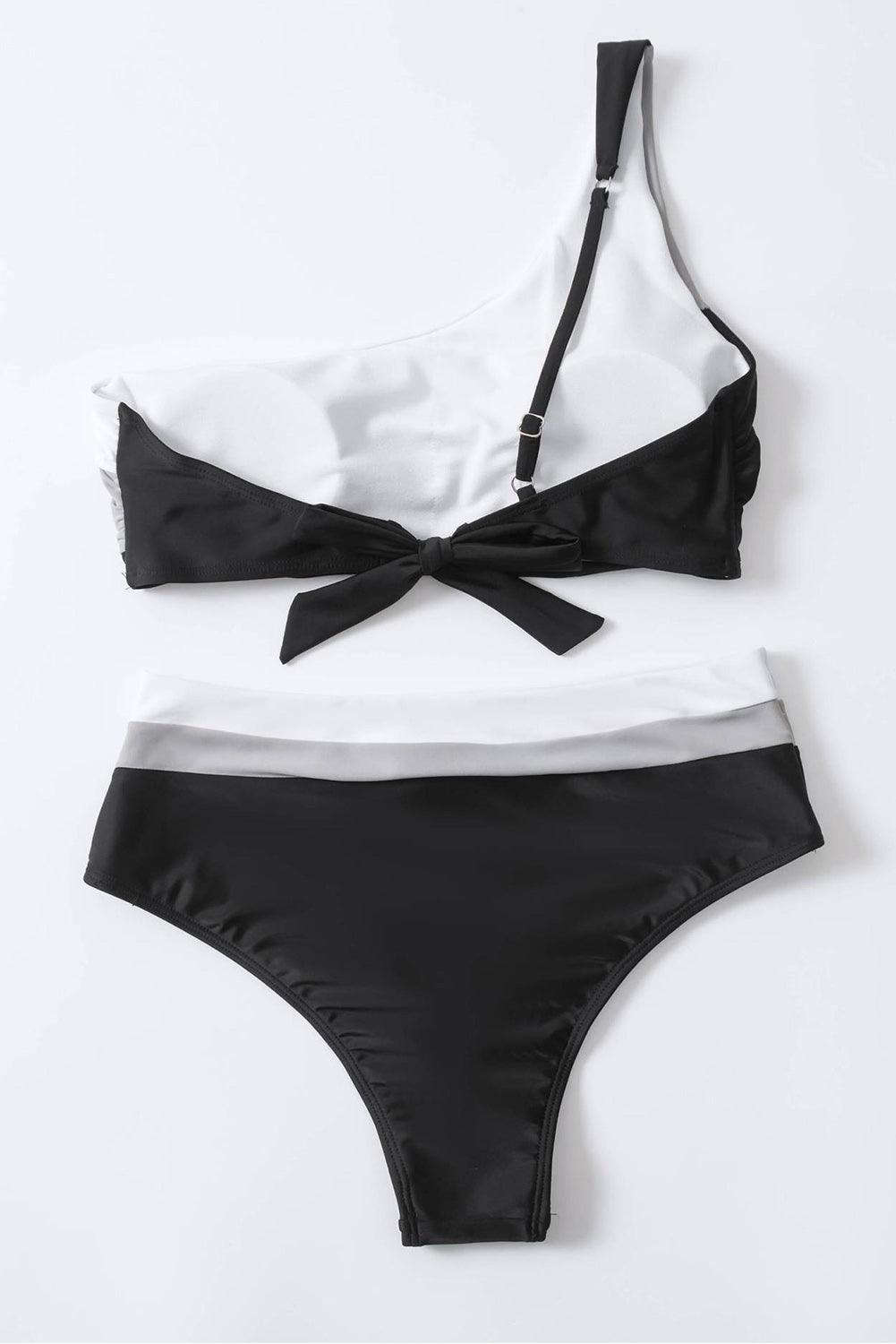 Color black Triple Tones Colorblock One-shoulder High Waisted Bikini - L & M Kee, LLC