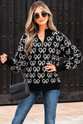 Black Cute Bow Pattern Drop Shoulder Zipped Collar Sweater